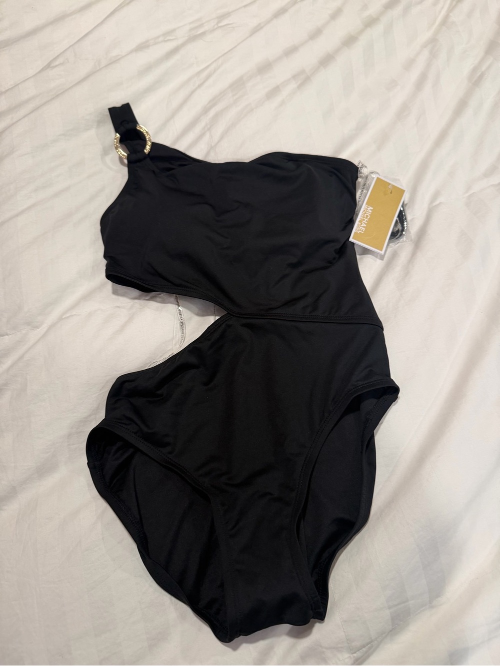 MICHAEL Michael Kors Black One-Shoulder Swimsuit with Gold Accent
